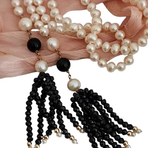 Lariat pearl necklace petite pearls high luster 18k GP hand knottedA0123 -1Q
